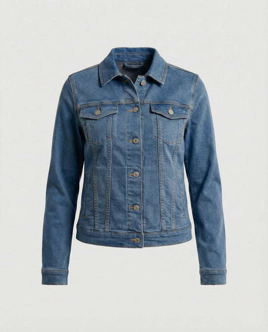 Damen Mode kurze klassische Jeansjacke mit aufgesetzten Brusttaschen und verkürztem Saum