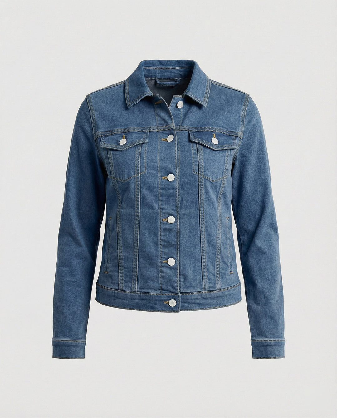 Damen Mode kurze klassische Jeansjacke mit aufgesetzten Brusttaschen und verkürztem Saum