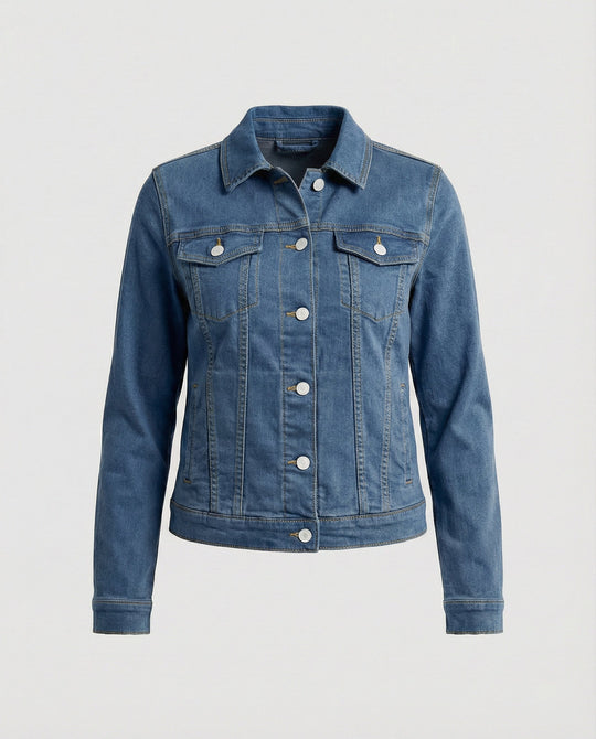 Damen Mode kurze klassische Jeansjacke mit aufgesetzten Brusttaschen und verkürztem Saum