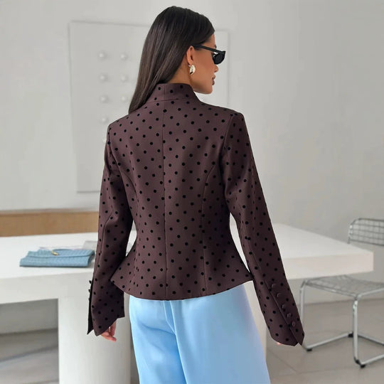 Damen Taillierter Stehkragen-Blazer mit Punktmuster und verdeckter Knopfleiste Shop Nory