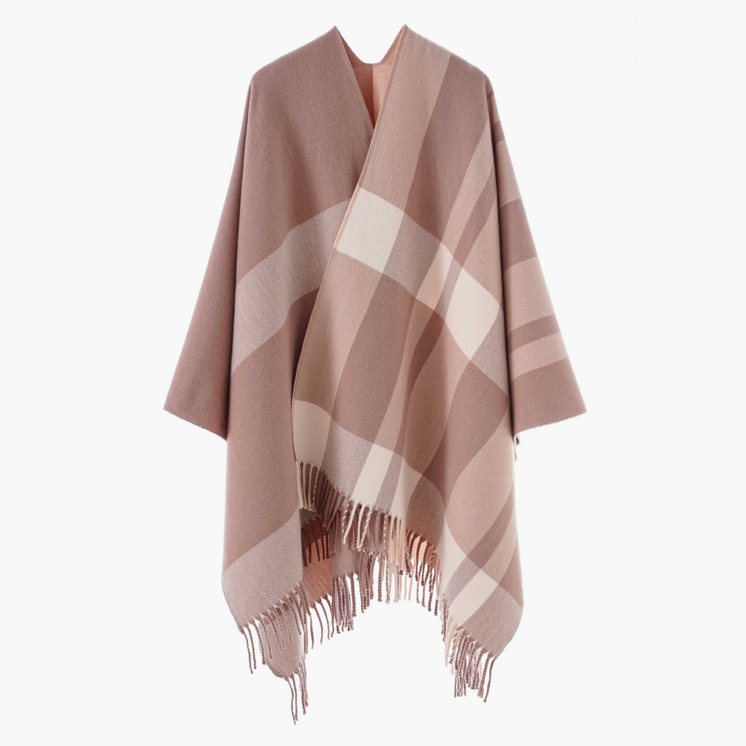 Damen Großkaro-Capeponcho aus Wollmix mit Fransen und offenem Kragen Shop Nory