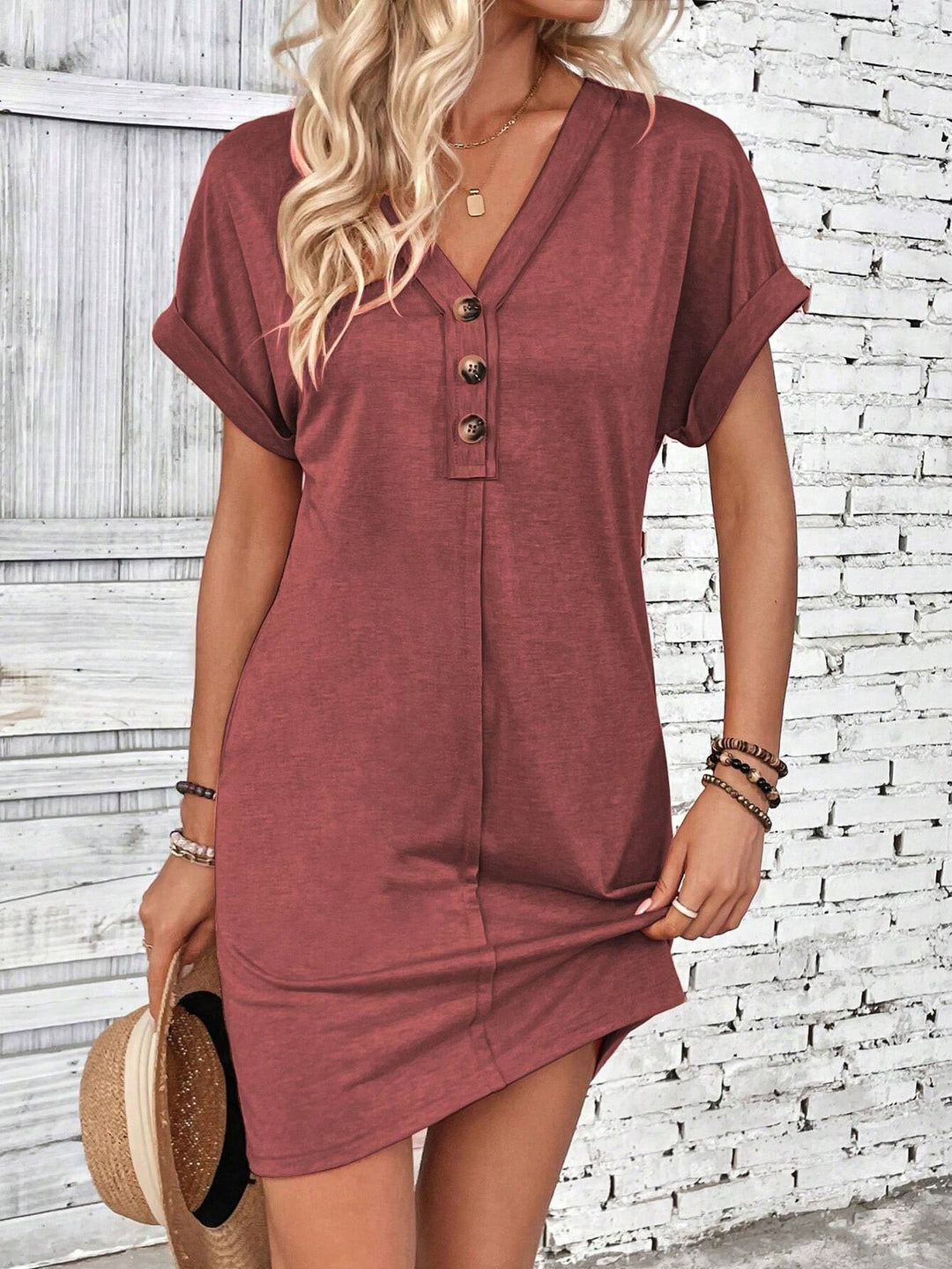 Damen Lockeres V-Ausschnitt Freizeitkleid mit Zierknopfleiste Shop Nory