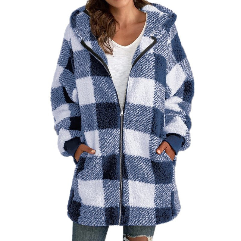 Damen Kariertes Teddy-Fleece-Mantel mit Kapuze und Reißverschluss Shop Nory