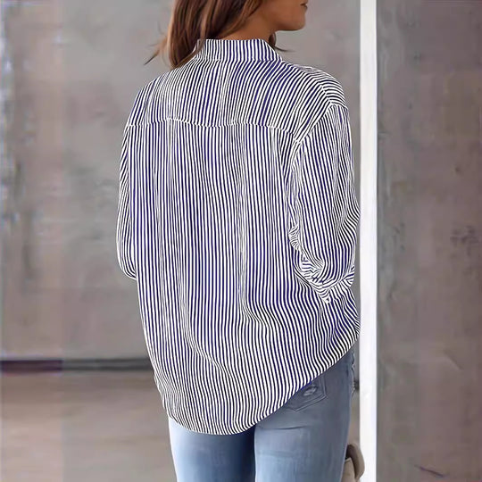 Damen Leichte Oversize-Hemdbluse mit vertikalen Streifen, Kentkragen und dreiviertelärmeln Shop Nory