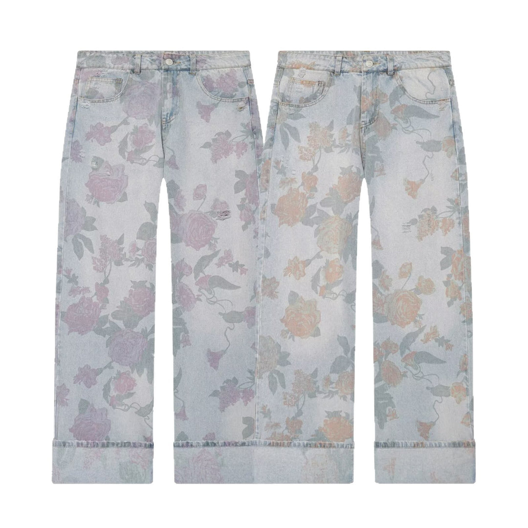 Damen Weite Blumenprint-Denimhose mit geradem Bein und Umschlag Shop Nory