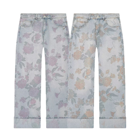 Damen Weite Blumenprint-Denimhose mit geradem Bein und Umschlag Shop Nory