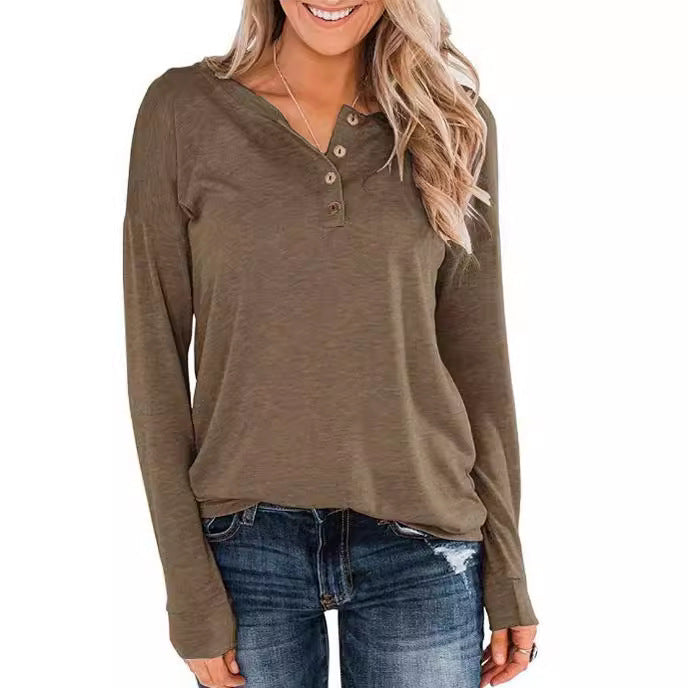 Damen modisches Langarm-Henley-Shirt mit Knopfleiste