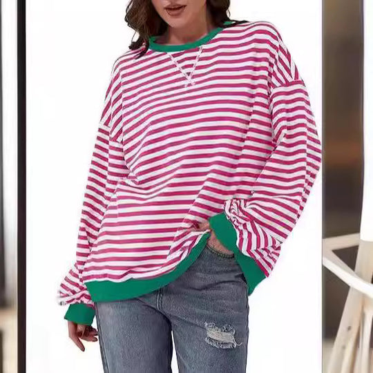 Damen Gestreifter Oversize Pullover mit Kontrastbündchen Shop Nory