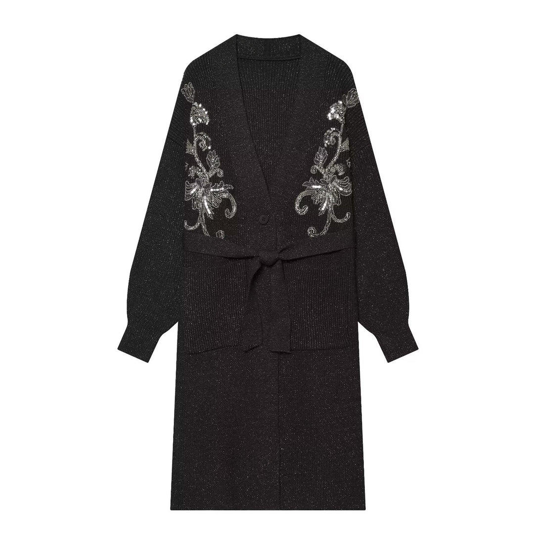 Damen langer Strickcardigan mit Taillengürtel und Paillettenstickerei Shop Nory