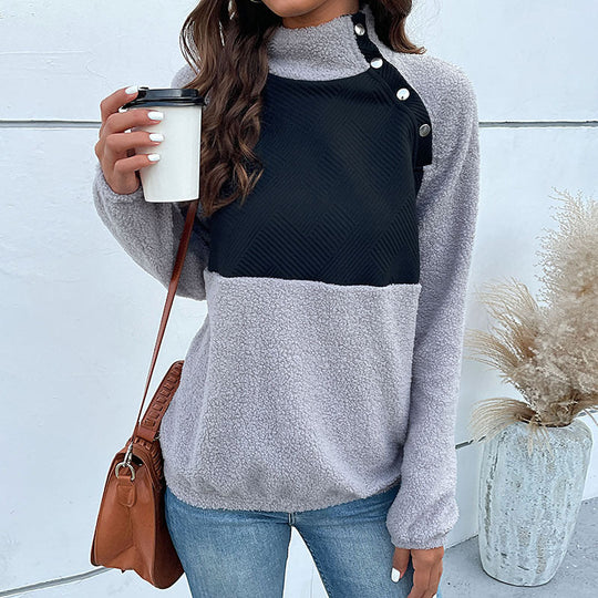 Damen Kuscheliger Teddy‑Fleece‑Pullover mit gesteppter Brustpatte, Stehkragen und Druckknopfleiste Shop Nory