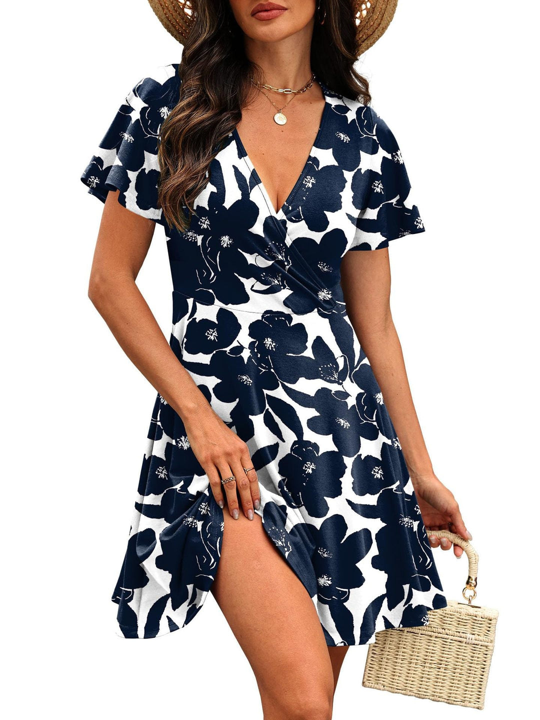 Damen Kurzärmeliges Wickelkleid mit floralen Mustern und V-Ausschnitt