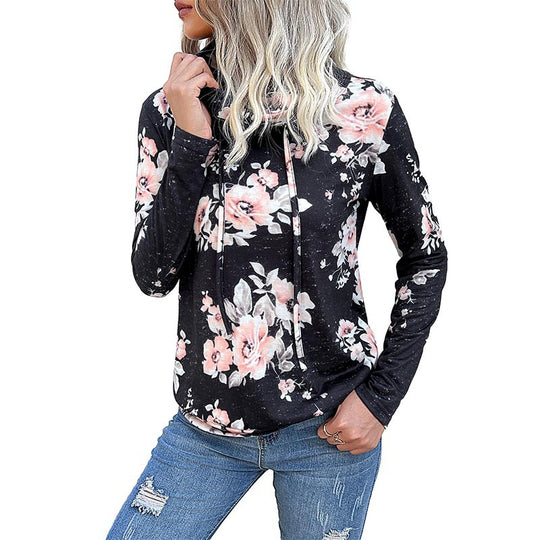 Damen Floraler Leichter Kapuzenpullover mit Wasserfallkragen und Tunnelzug Shop Nory