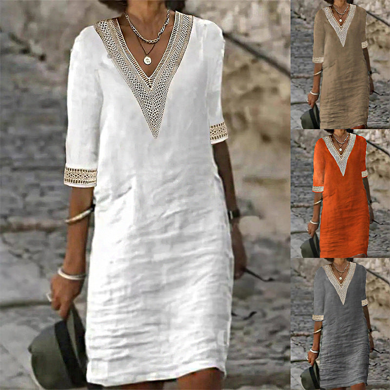 Damen Leichtes Leinen-Midikleid mit V-Ausschnitt und Häkelspitzenbesatz Shop Nory
