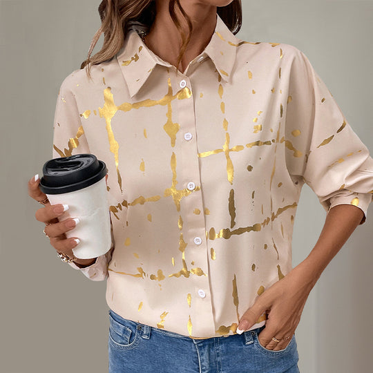 Damen Elegante Langarm-Bluse mit Gold-Folienprint, Hemdkragen und lockerem Schnitt Shop Nory