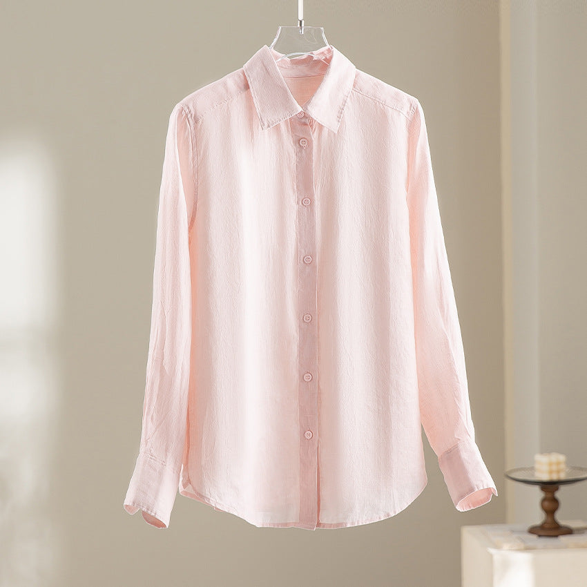 Damen Locker fallende Leinenmix-Bluse mit Hemdkragen und Manschetten Shop Nory