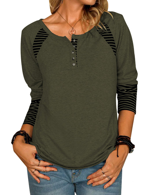 Damen Lässiges Raglan-Henley-Shirt mit Knopfleiste und gestreiften Ärmelbündchen Shop Nory