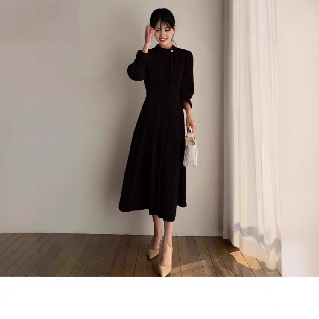 Damen Midikleid mit Stehkragen, Schleifenblende und geraffter Taille Shop Nory