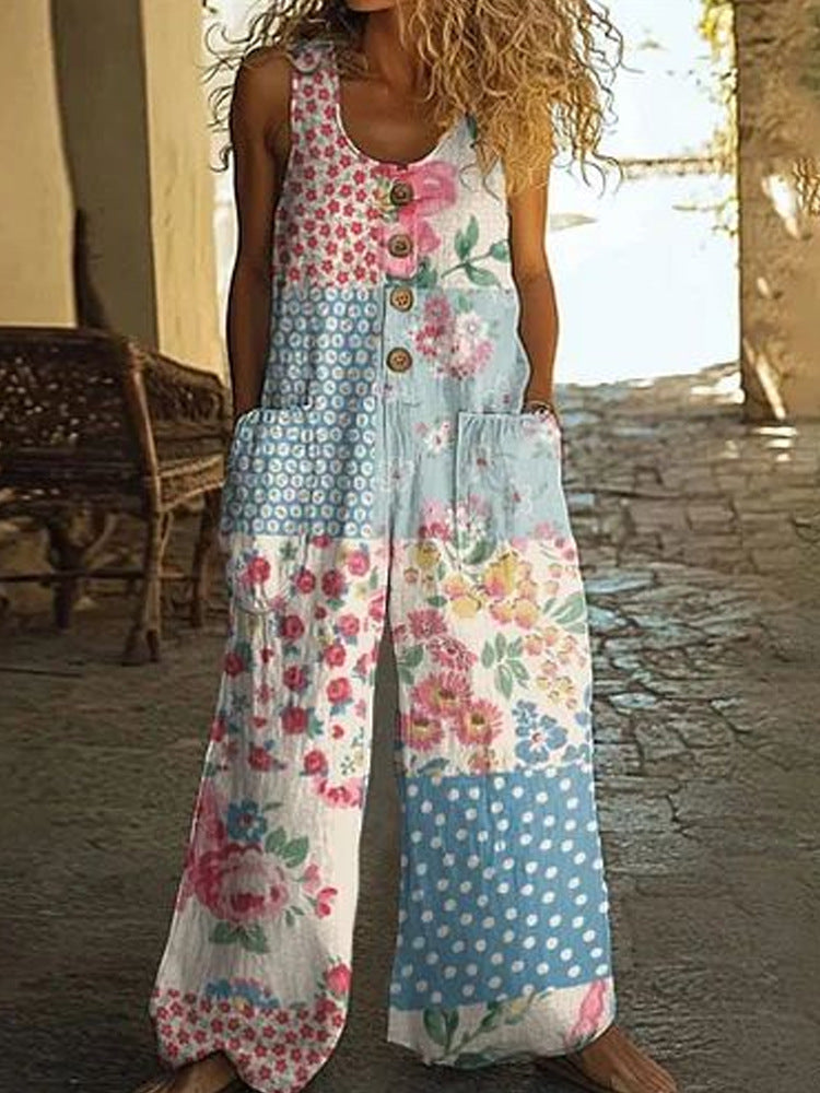 Damen Künstlerische Blumenmuster Latzhose