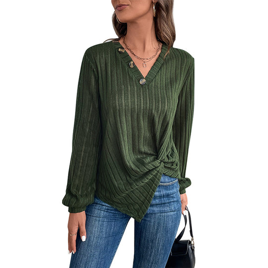 Damen Geripptes V-Ausschnitt Langarmshirt mit Twist-Knoten und Zierknöpfen Shop Nory