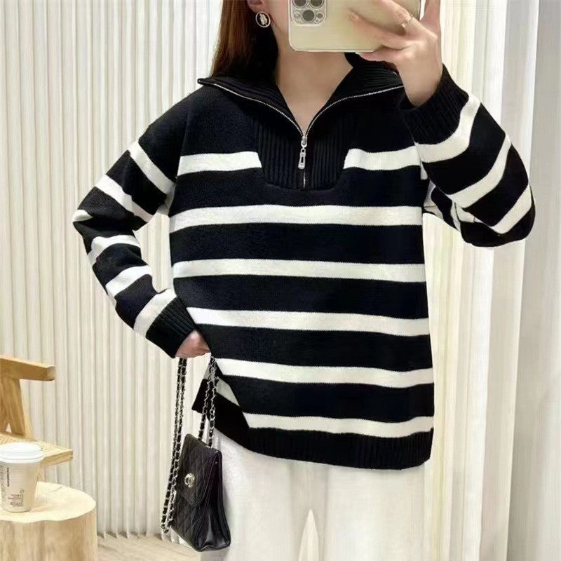 Damen Gestreifter Halb-Reißverschluss Strickpullover mit Rippenkragen Shop Nory