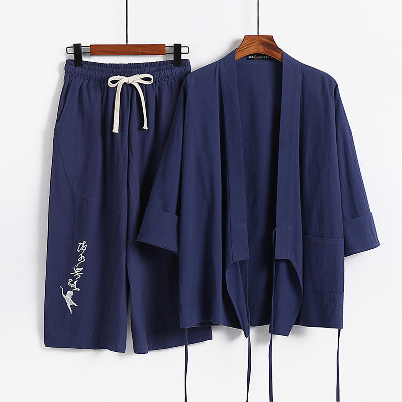 Unisex Leichtes Kimono-Loungewear-Set aus Baumwoll-Leinen mit bestickter Haremshose und Bindegürtel Shop Nory