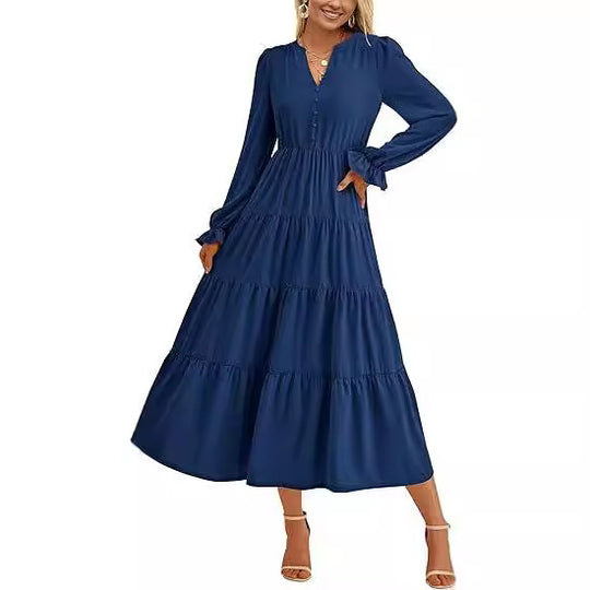 Damen Stufiges Midikleid mit V-Ausschnitt, geraffter Taillennaht und Rüschenmanschetten Shop Nory