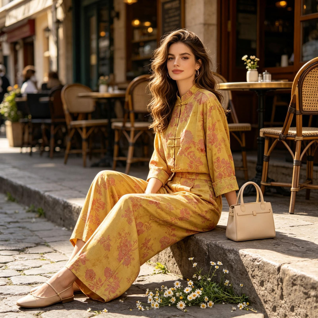Damen Zweiteiliges Jacquard-Set mit Stehkragen und Knotenverschlüssen Shop Nory