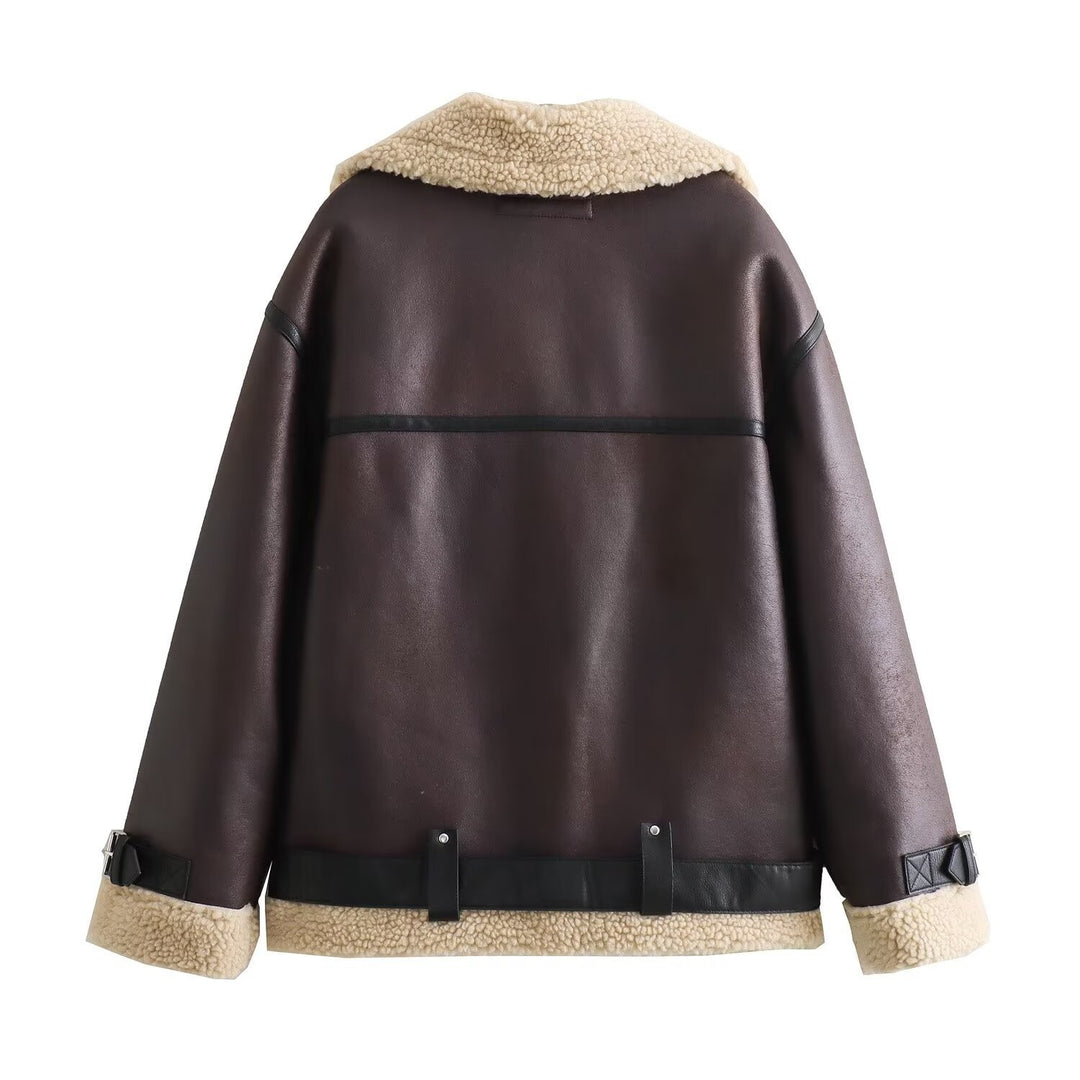 Damen Fliegerjacke im Bikerstil mit Teddyfutter, Kunstlederbesatz und Taillengürtel Shop Nory