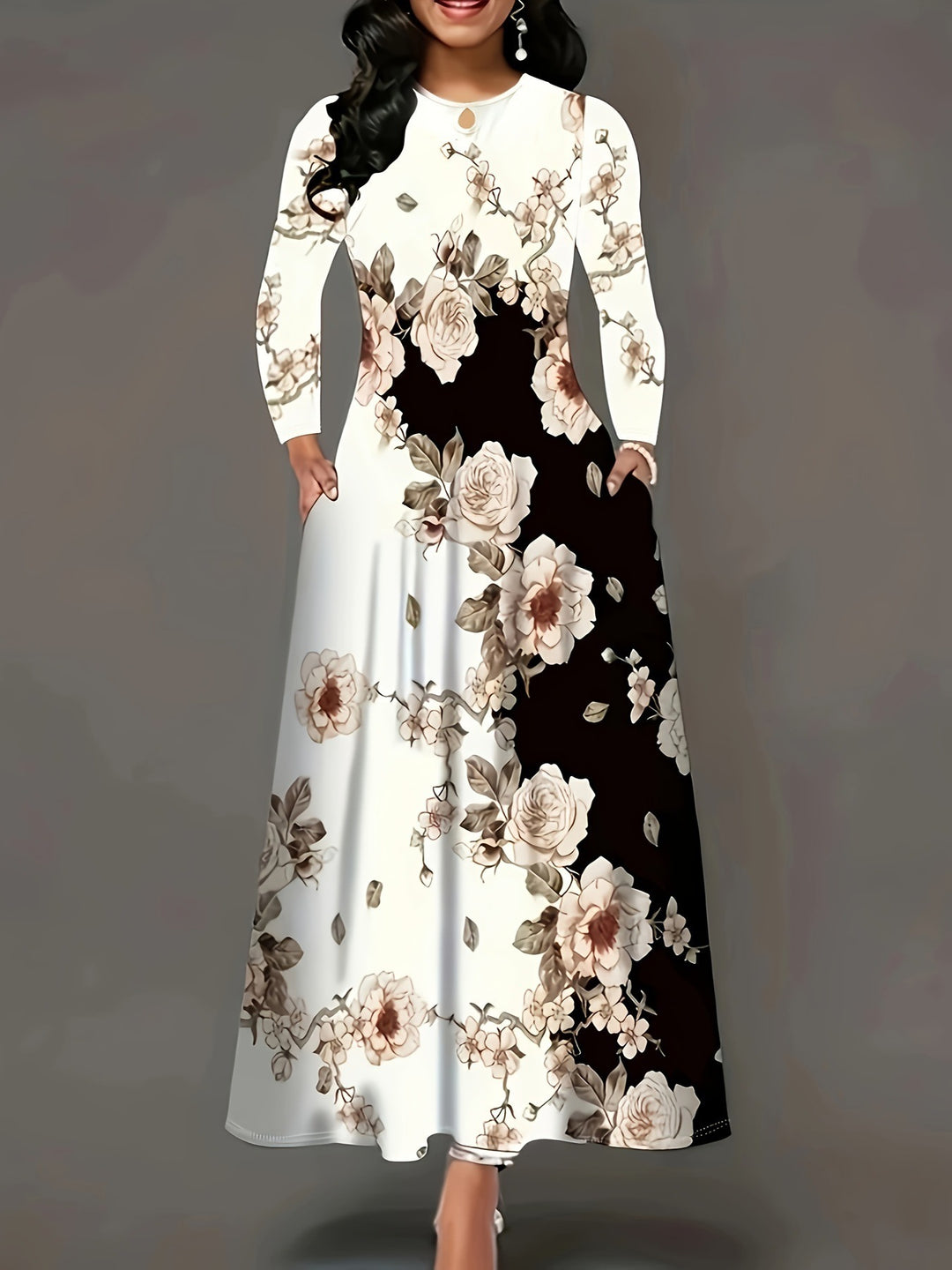 Damen Maxikleid mit floralem Allover-Print, A‑Linie, Langarm und Schlitzdetail Shop Nory