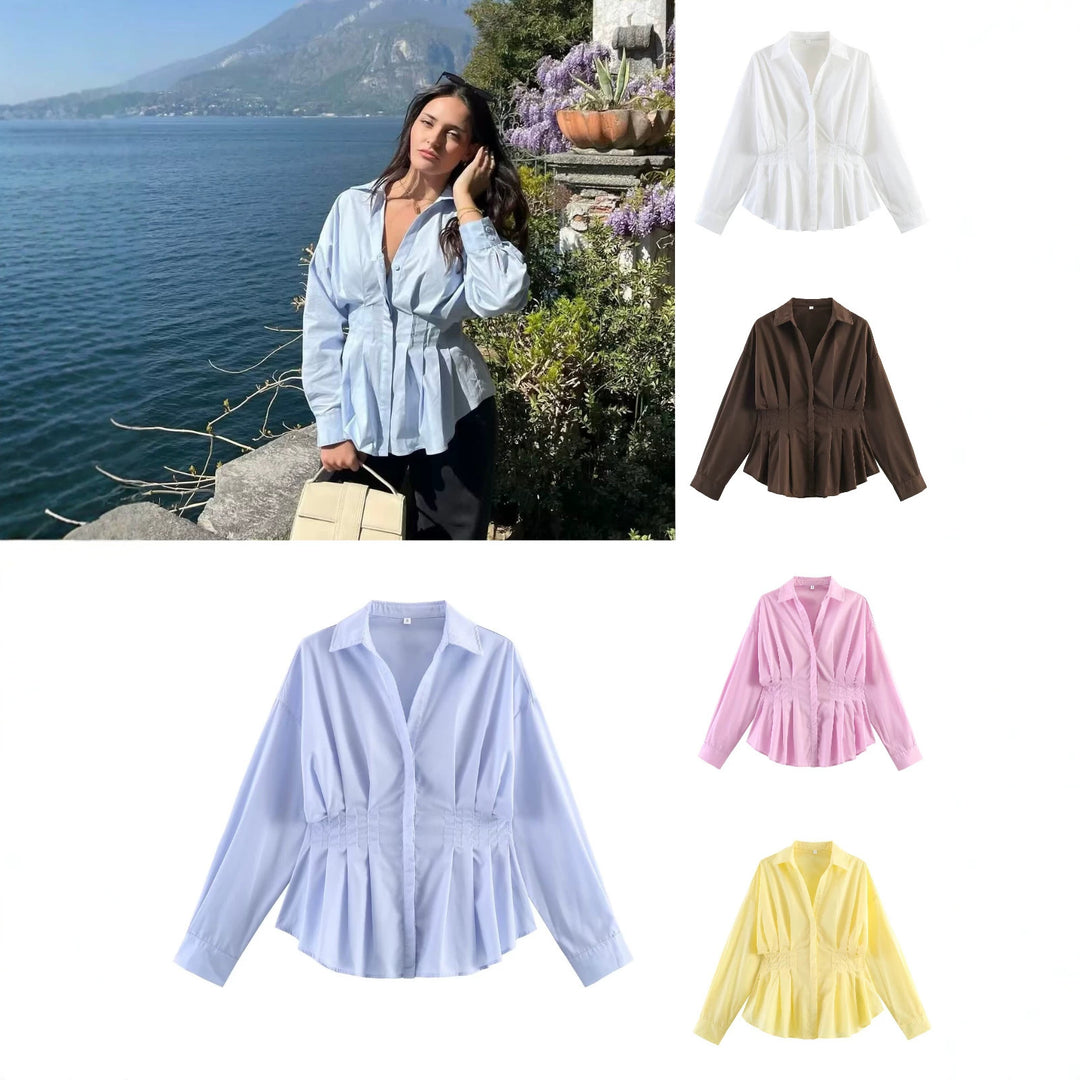 Damen Taillierte Blusenshirt-Jacke mit Kellerfalten und verdeckter Knopfleiste Shop Nory