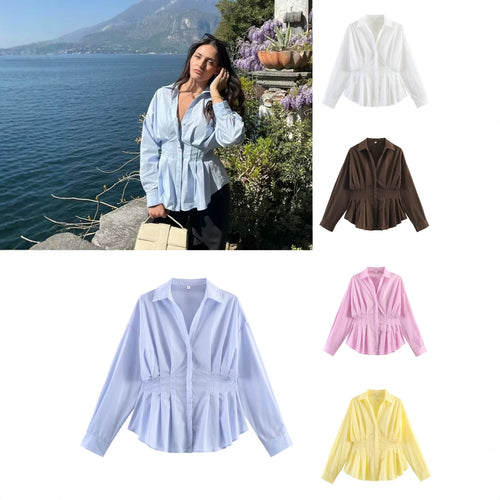 Damen Taillierte Blusenshirt-Jacke mit Kellerfalten und verdeckter Knopfleiste Shop Nory