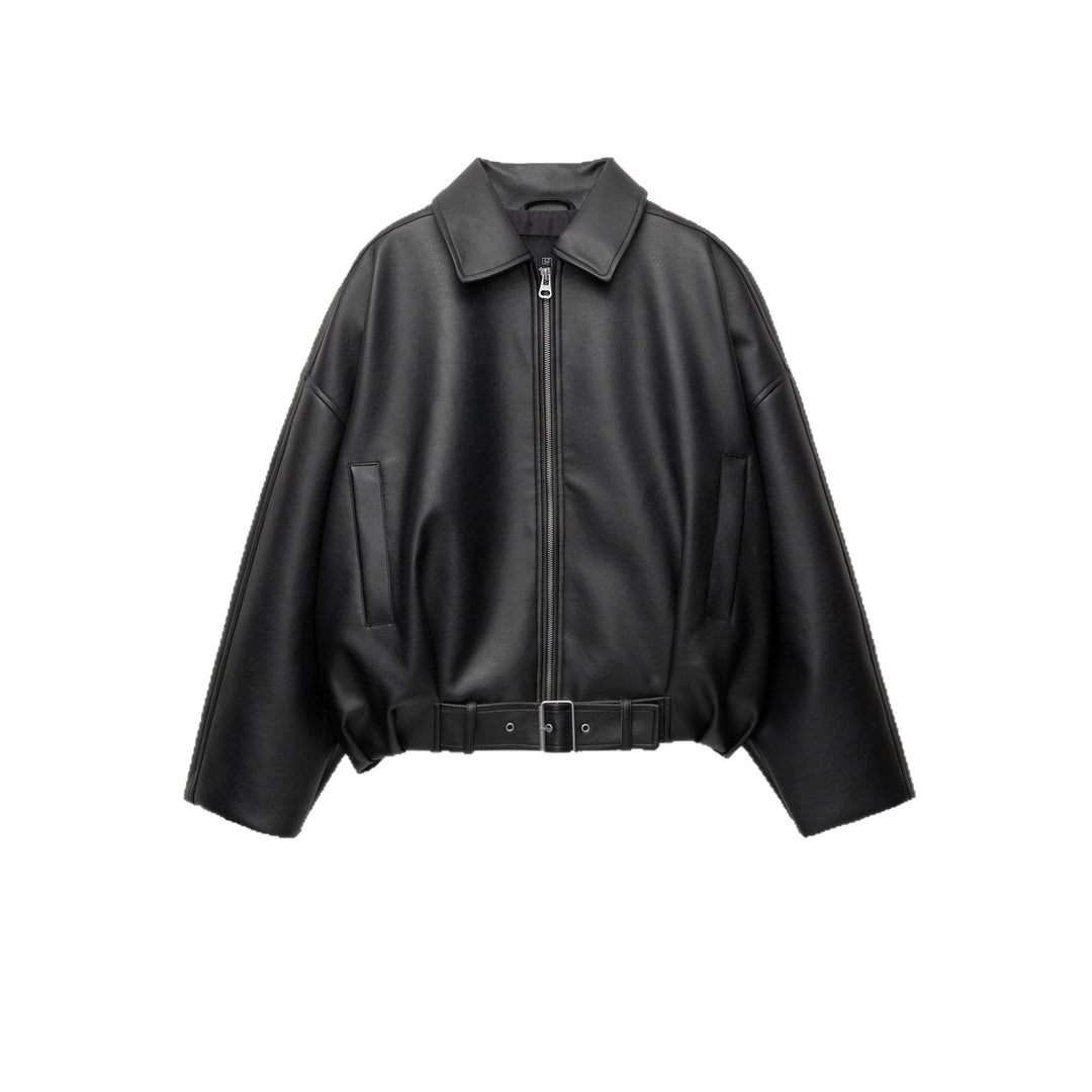 Damen Modische Kunstlederjacke mit auffälligem Kragen und Taillengürtel