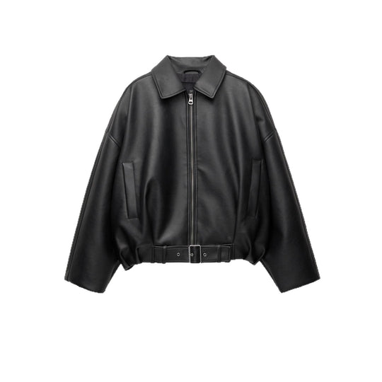 Damen Modische Kunstlederjacke mit auffälligem Kragen und Taillengürtel