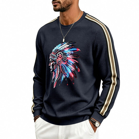 Herren Sweatshirt mit Federkopfschmuck-Print, Waffelstruktur und kontrastierenden Schulterstreifen Shop Nory