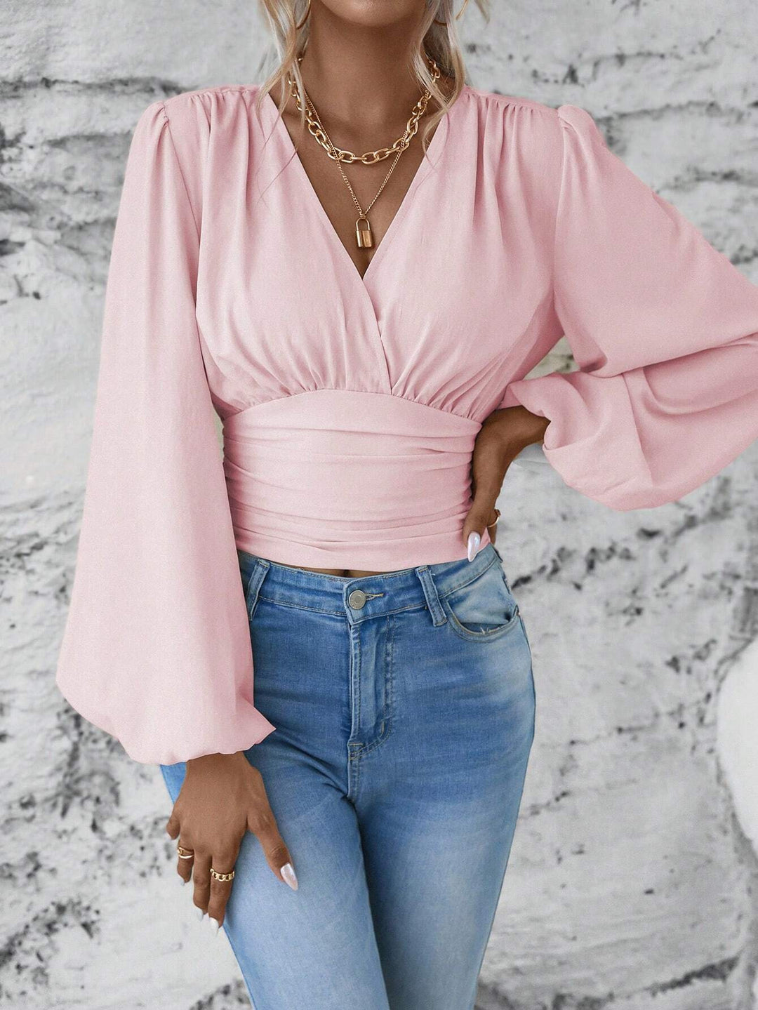 Damen Wickel-Cropped-Top mit geraffter Taillenpartie und weiten Ballonärmeln Shop Nory