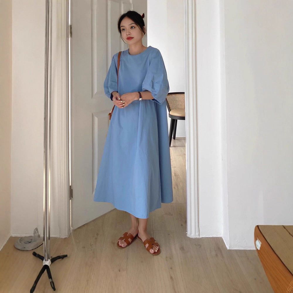Damen Leichtes A-Linien Midikleid aus Baumwoll-Popeline mit ballonförmigen Ellenbogenärmeln Shop Nory