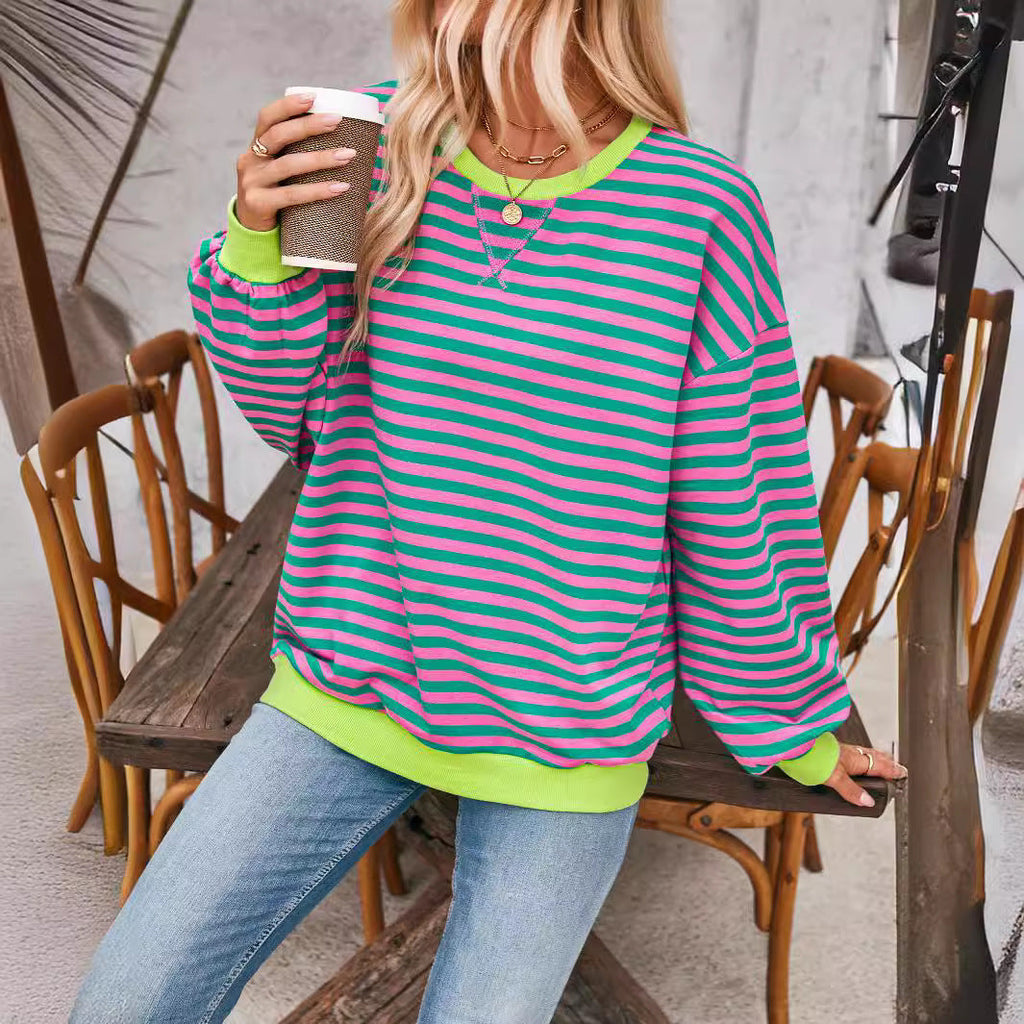 Damen lässiger Oversized Sweatshirt mit bunten Streifen und Kapuzenkordel