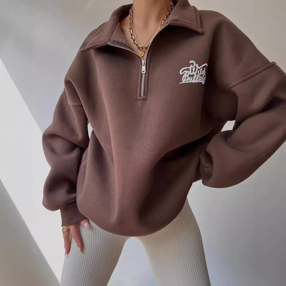 Damen Oversized Halbzip-Sweatshirt mit Stehkragen und gesticktem Logo Shop Nory