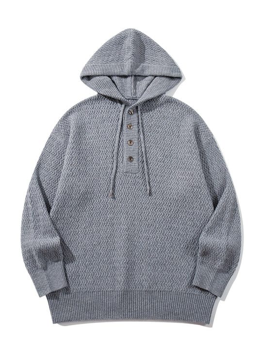 Unisex Strukturierter Kapuzen‑Strickpullover mit Henley‑Knopfleiste Shop Nory