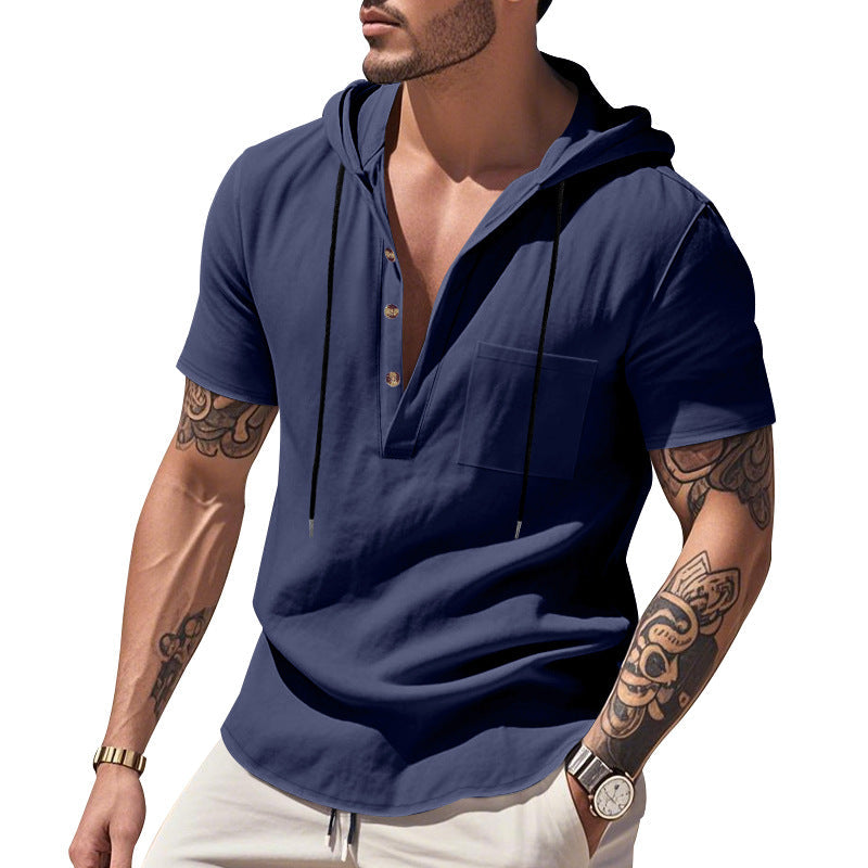 Herren nan legere Kurzarm-Kapuzen-Henley aus Single-Jersey mit Brusttasche und Kontrastkordel