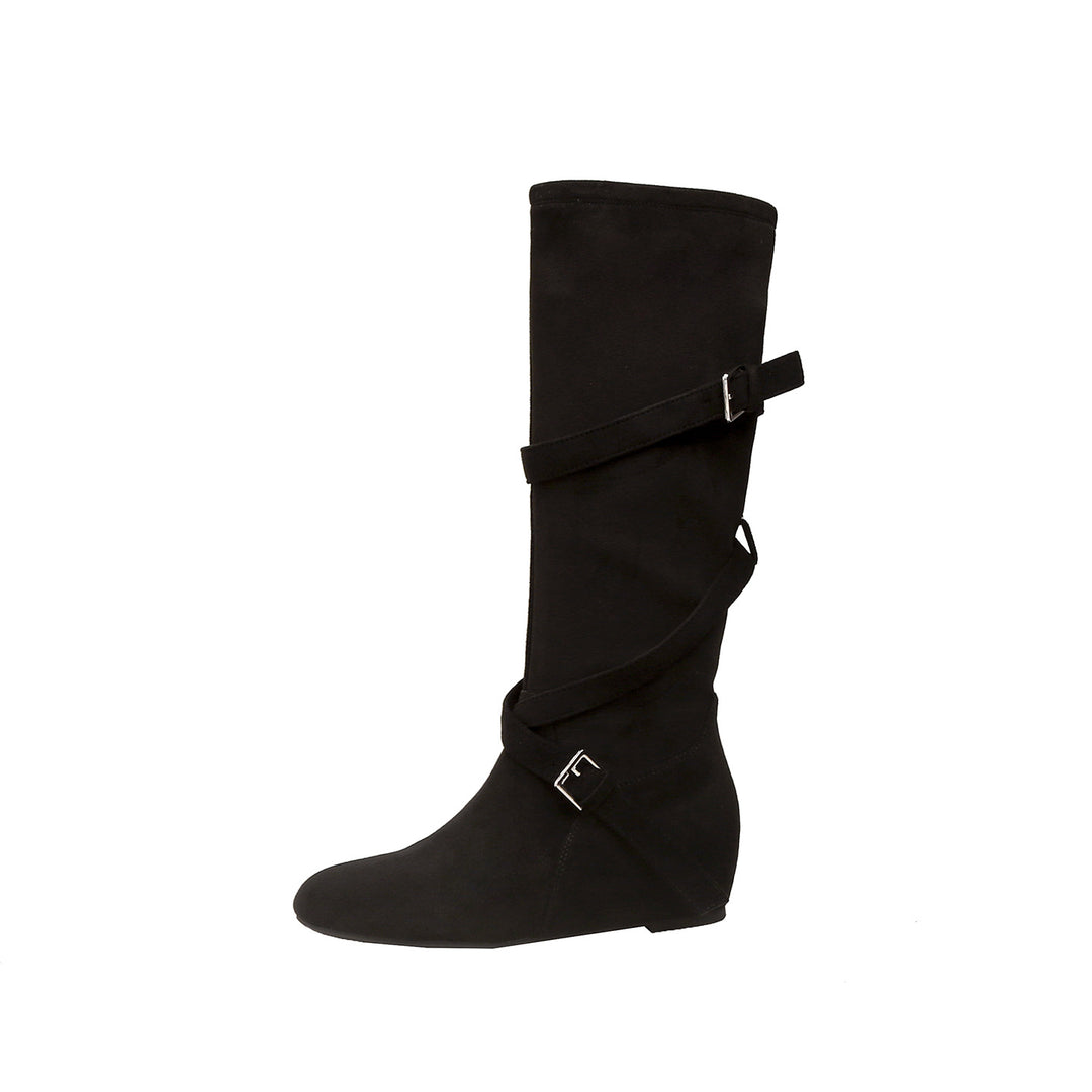 Damen Kniehohe Velourslederstiefel mit Wickelriemen und flachem Keilabsatz Shop Nory