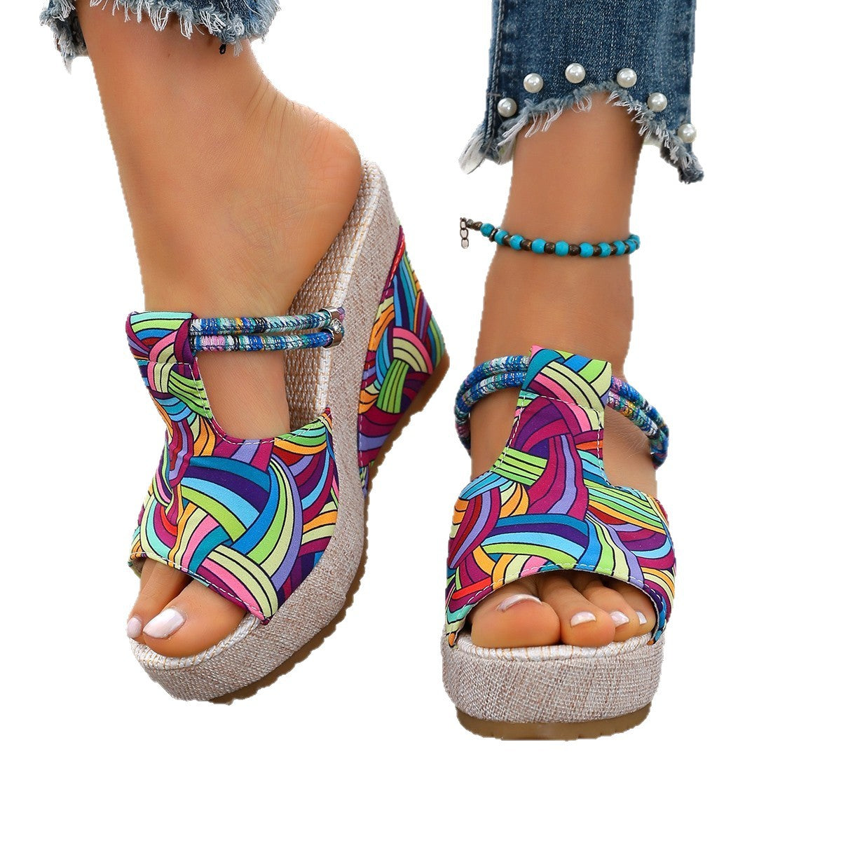 Damen modische Wedge-Sandalen mit buntem Mustermix und bequemer Sohle