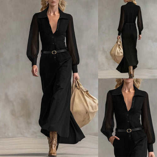 Damen Schlankes Maxi‑Hemdkleid mit transparenten Ballonärmeln und taillierter Silhouette Shop Nory