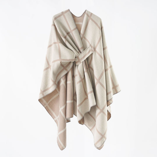 Damen Oversize Poncho aus Feinstrick mit Taillengürtel und Karomuster Shop Nory