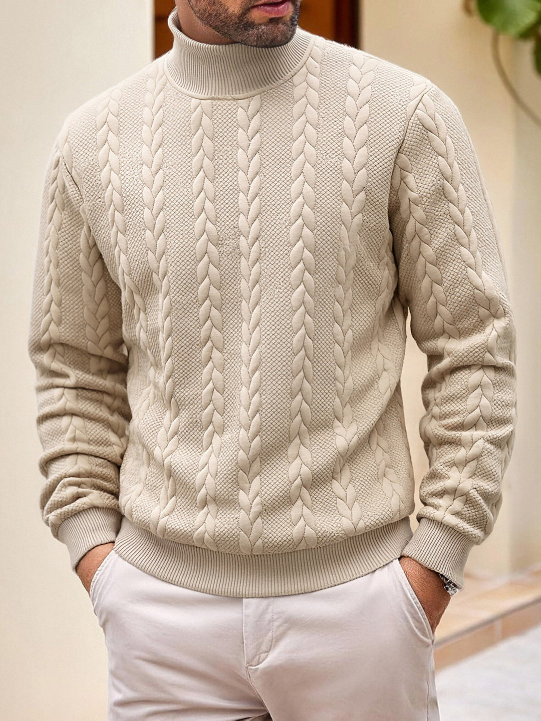 Herren grobgestrickter Zopfstrickpullover mit halbem Stehkragen und elastischen Rippbündchen Shop Nory