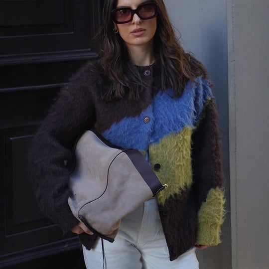 Damen Oversize Mohair-Blend Cardigan mit abstraktem Farbblock und Knopfleiste Shop Nory