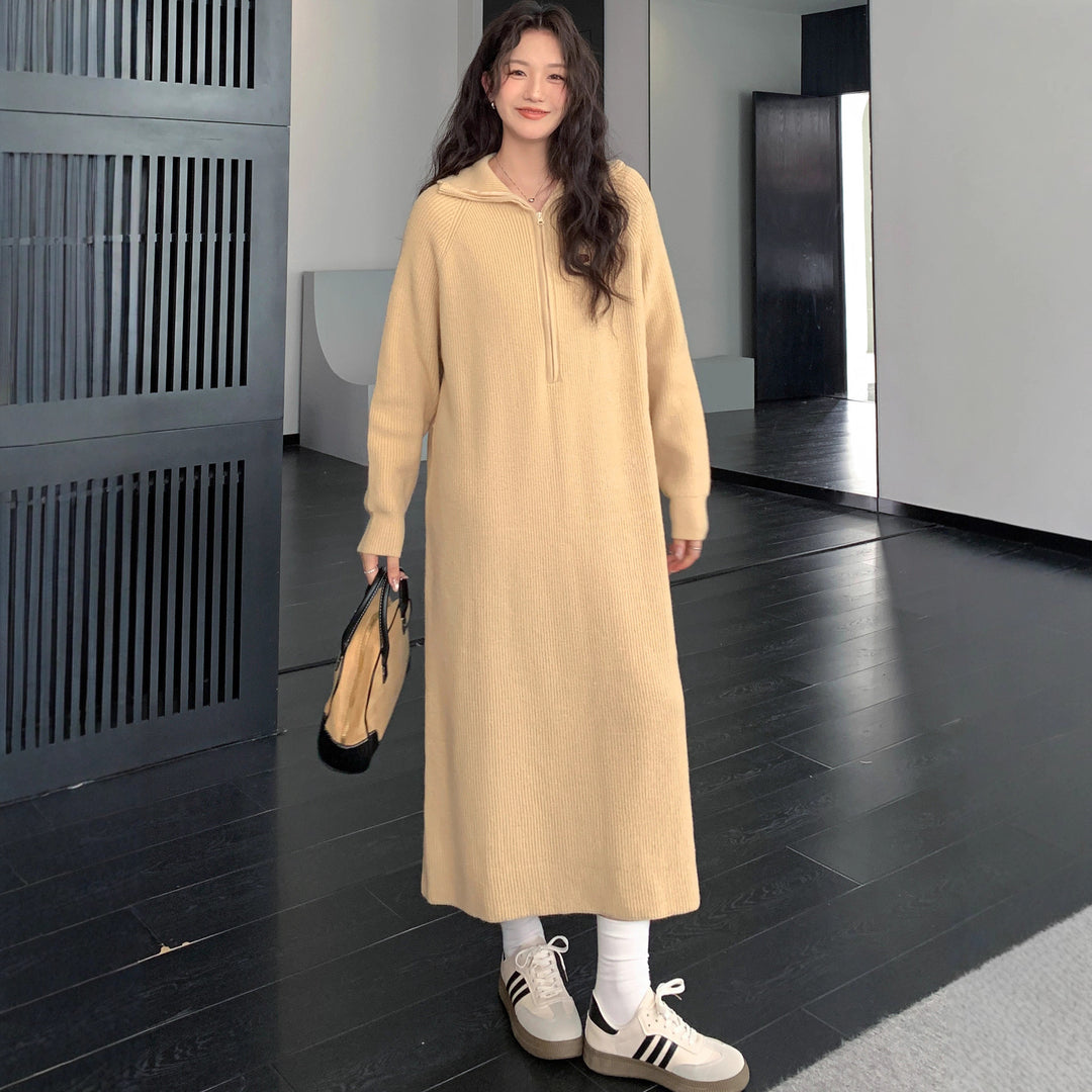Damen Geripptes Kapuzen-Strickmaxikleid mit halbem Reißverschluss und weitem Fall Shop Nory