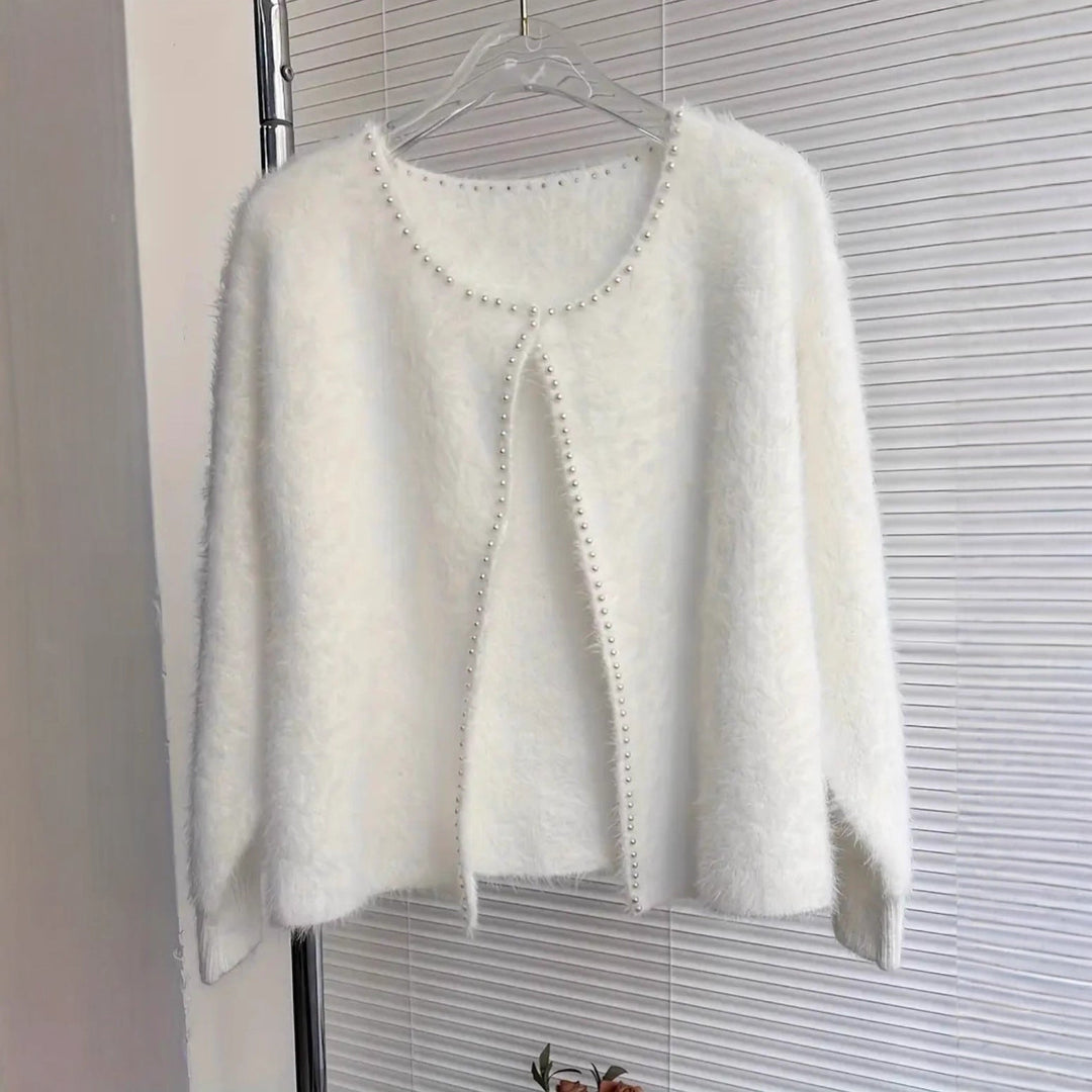 Damen Flauschiger Cardigan mit Perlknöpfen und lässigem Schnitt
