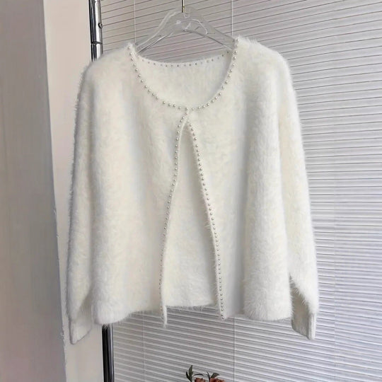 Damen Flauschiger Cardigan mit Perlknöpfen und lässigem Schnitt