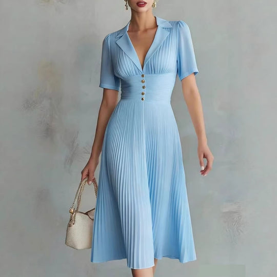 Damen Plissiertes Midikleid mit Reverskragen, tailliertem Raffung-Bund und Zierknöpfen Shop Nory